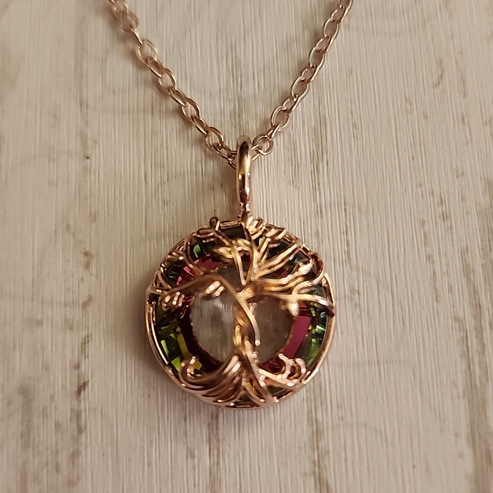 Tree Of Life Circle Irridescent necklace Rose Gold.